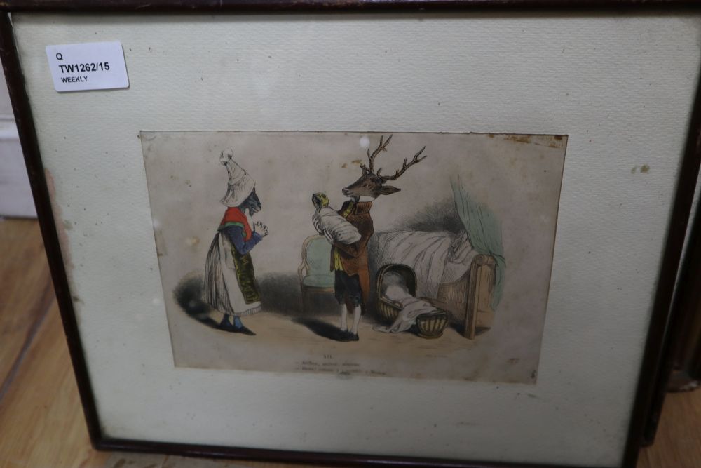 A collection of prints and engravings, including a caricature after George Moutard Woodward,